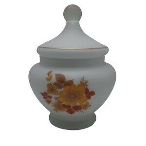 Norleans Italy Satin Glass Apothecary Jar Frosted Yellow Floral Vanity Vintage